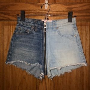 Revice Denim Two Tone Full Zip High Waisted Shorts